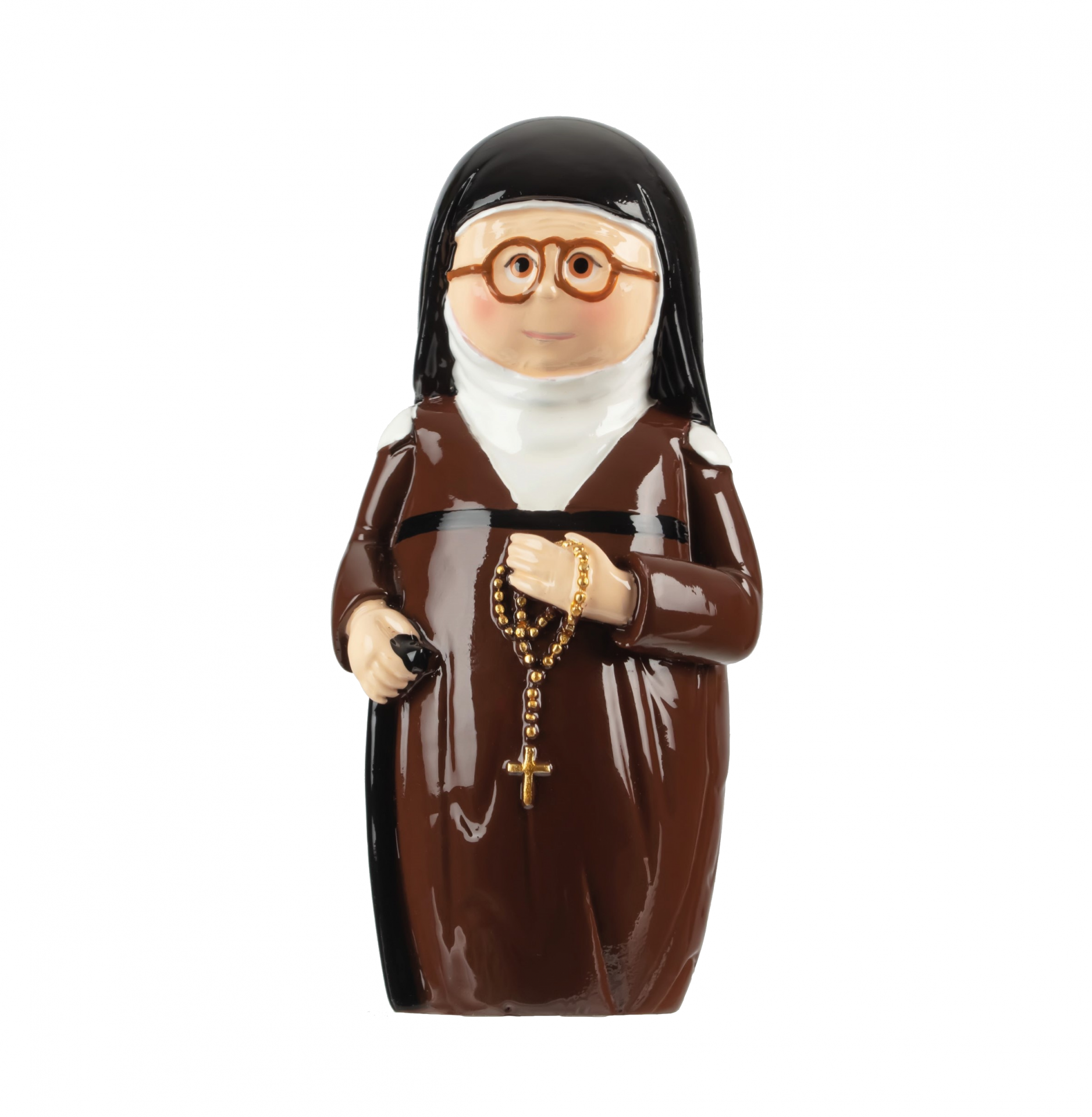 Figura decorativa de freira em cerâmica com hábito castanho e véu preto