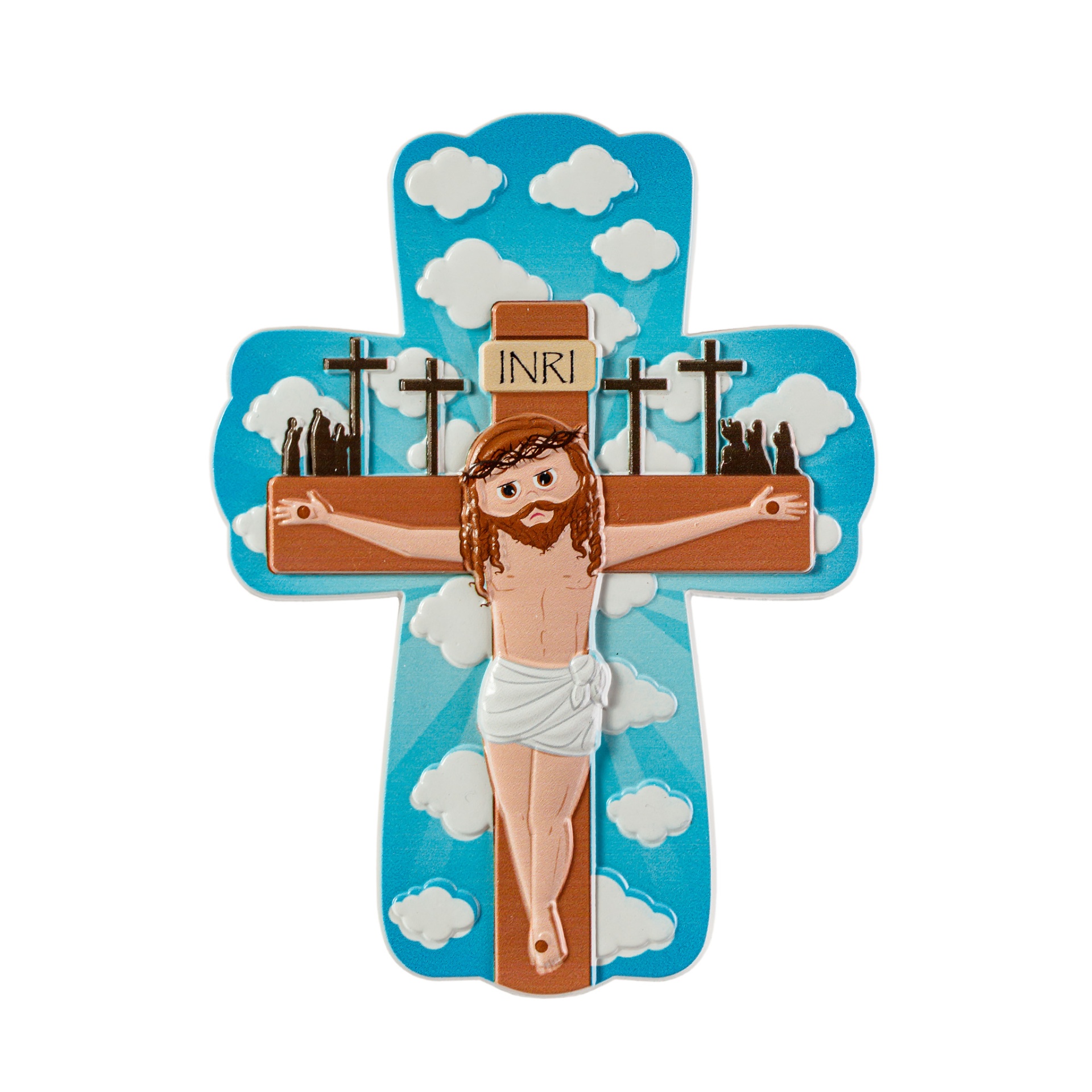 Cruz decorativa azul com Jesus crucificado e nuvens brancas