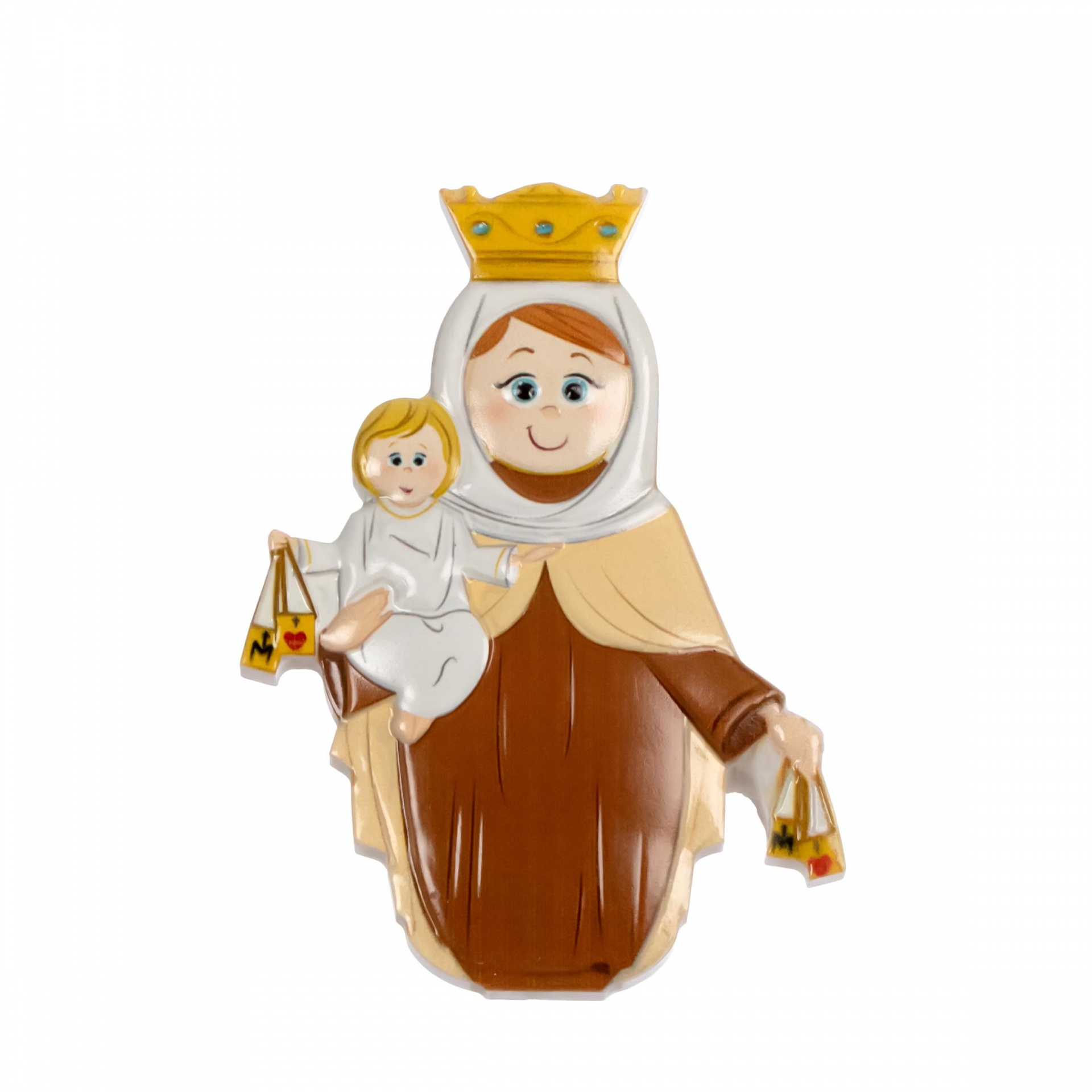 Estatueta religiosa em madeira de figura feminina com coroa e criança, segurando balanças