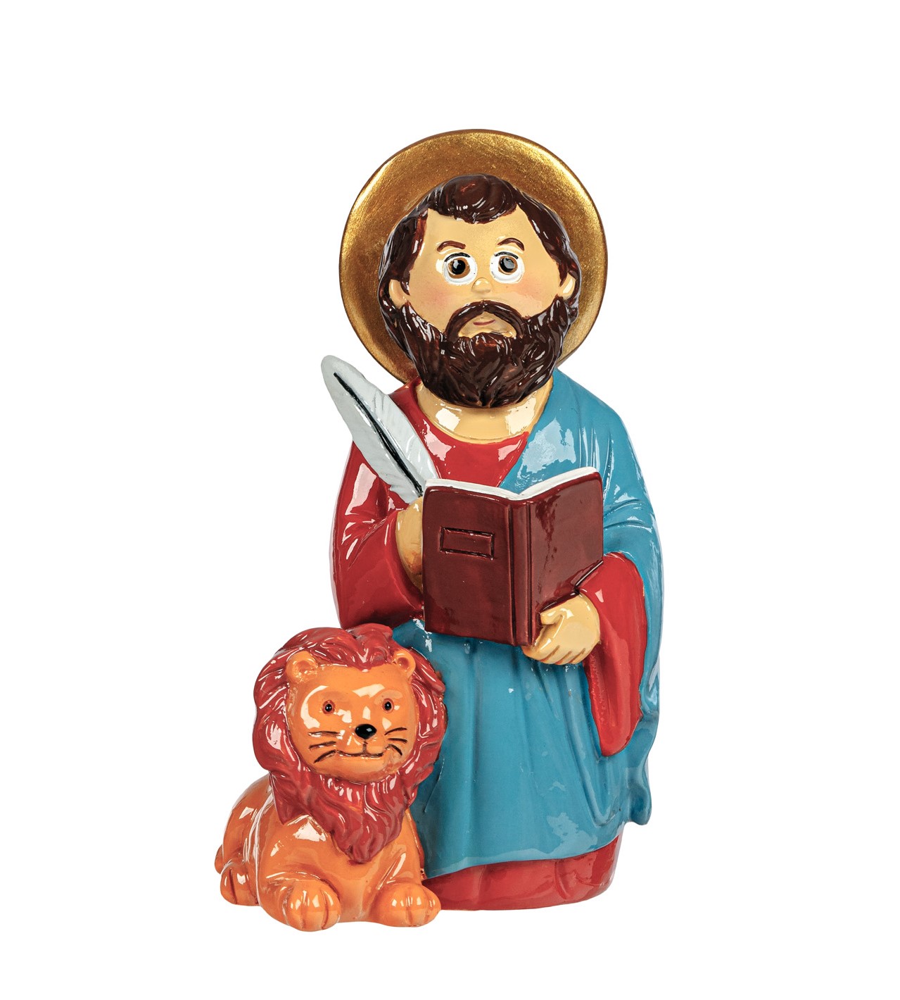 Estatueta de figura masculina com livro e leão colorido