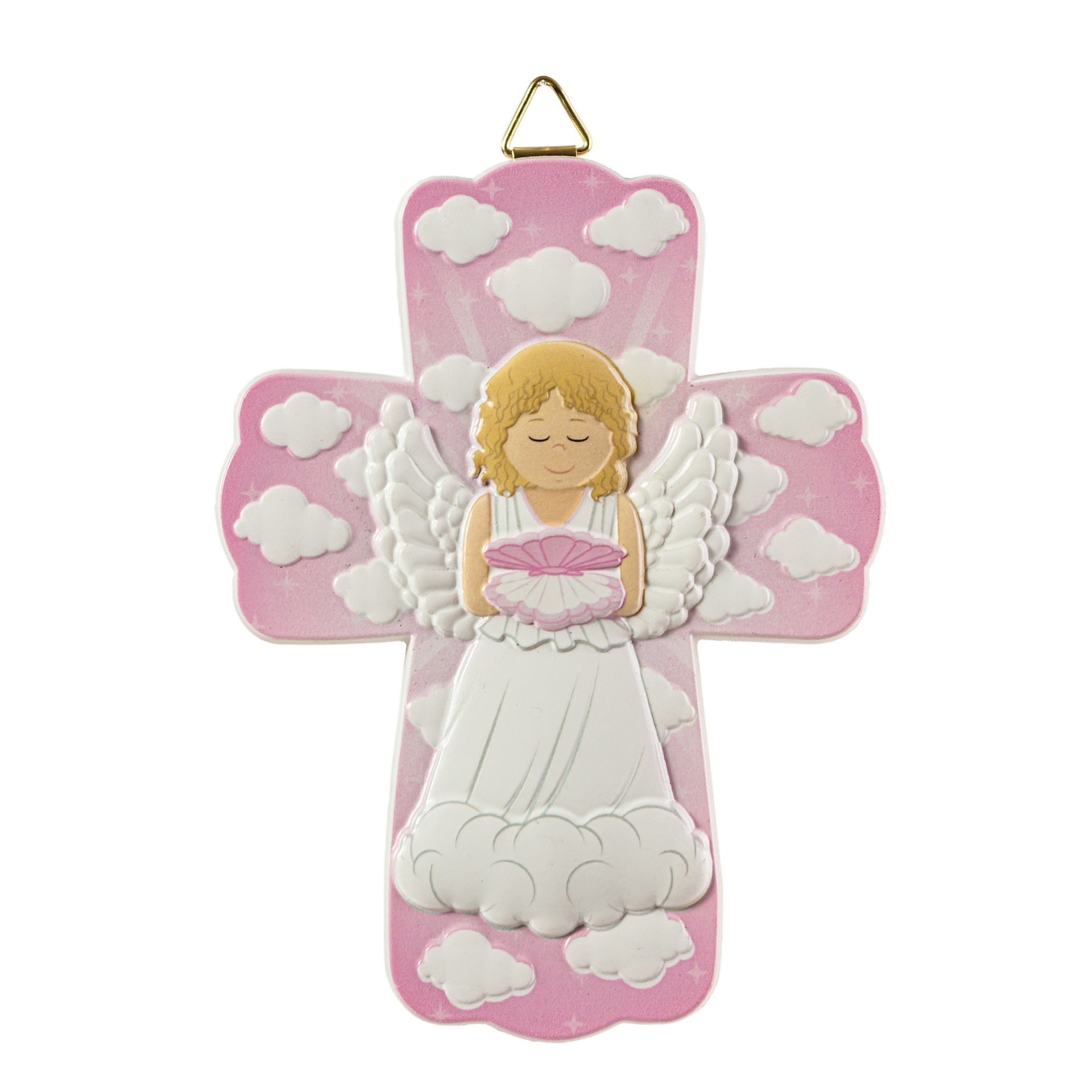 Cruz decorativa rosa com anjo e nuvens embutidos