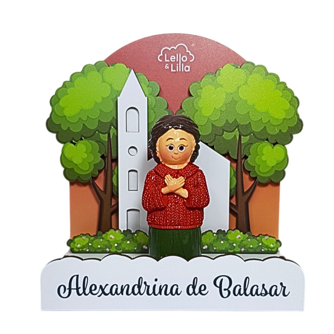 Figura decorativa da Alexandrina de Balasar com igreja e árvores em madeira colorida