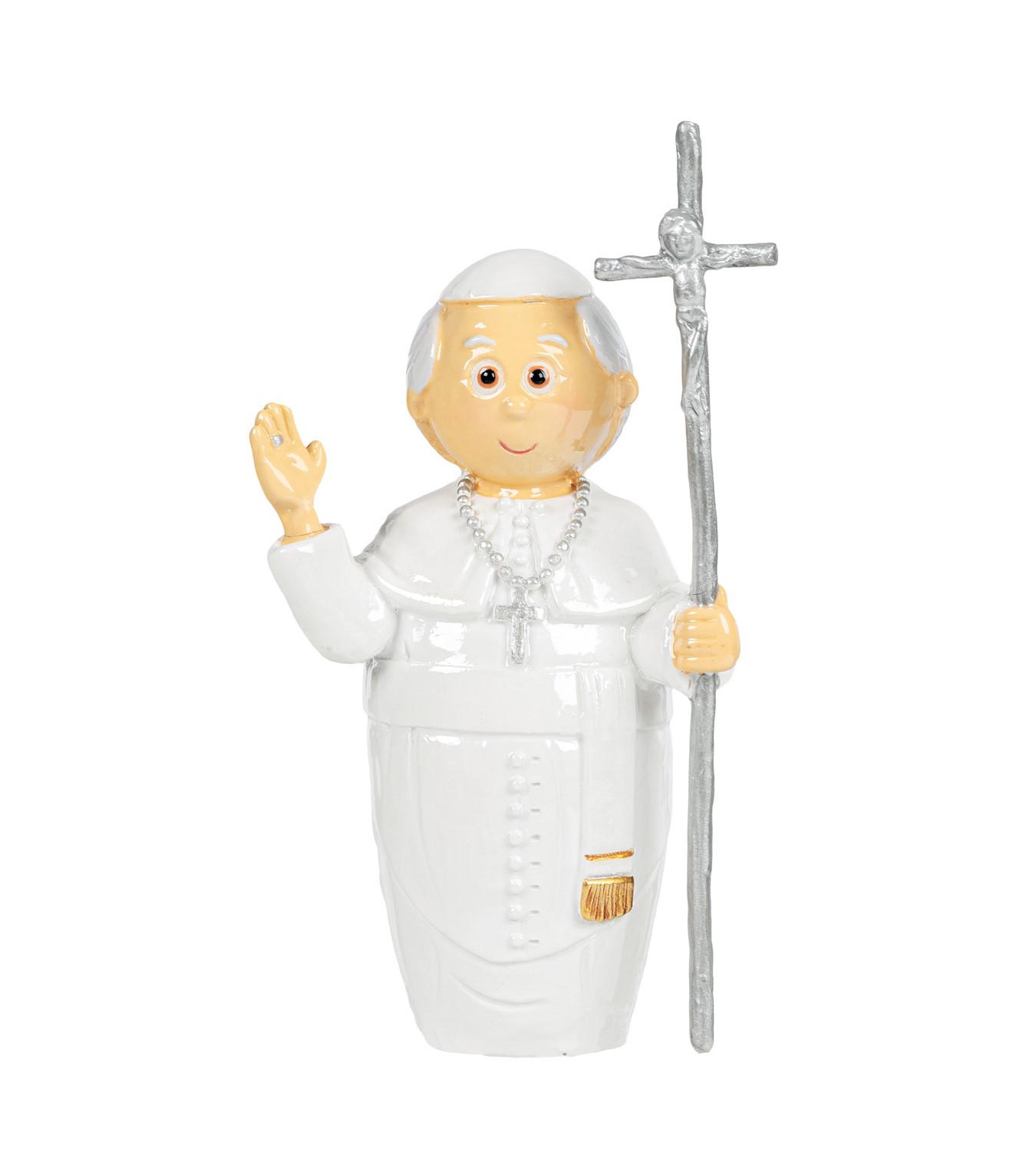 Figura decorativa de Papa em trajes brancos segurando uma cruz prateada