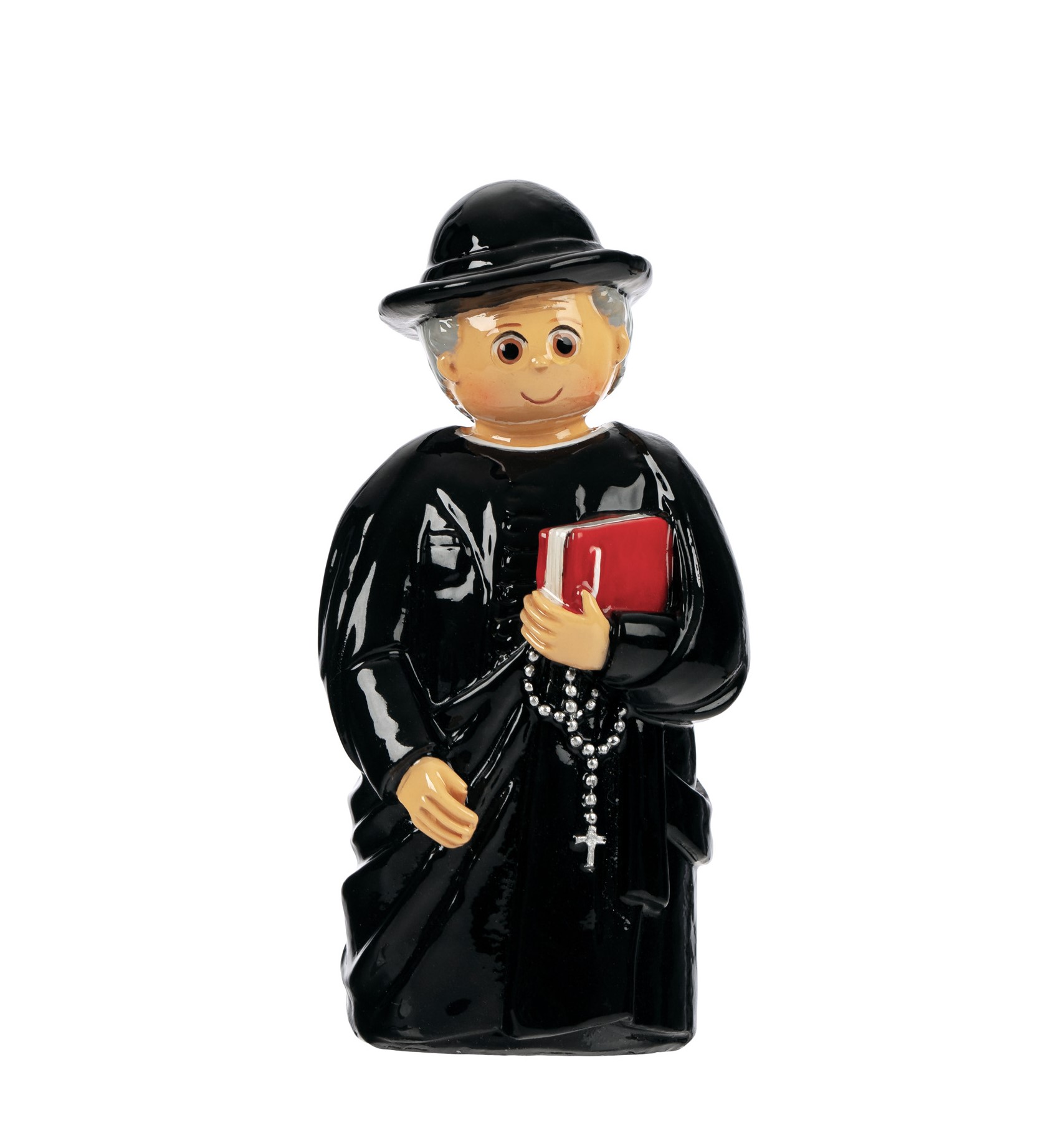 Figura decorativa de padre com chapéu, livro vermelho e terço