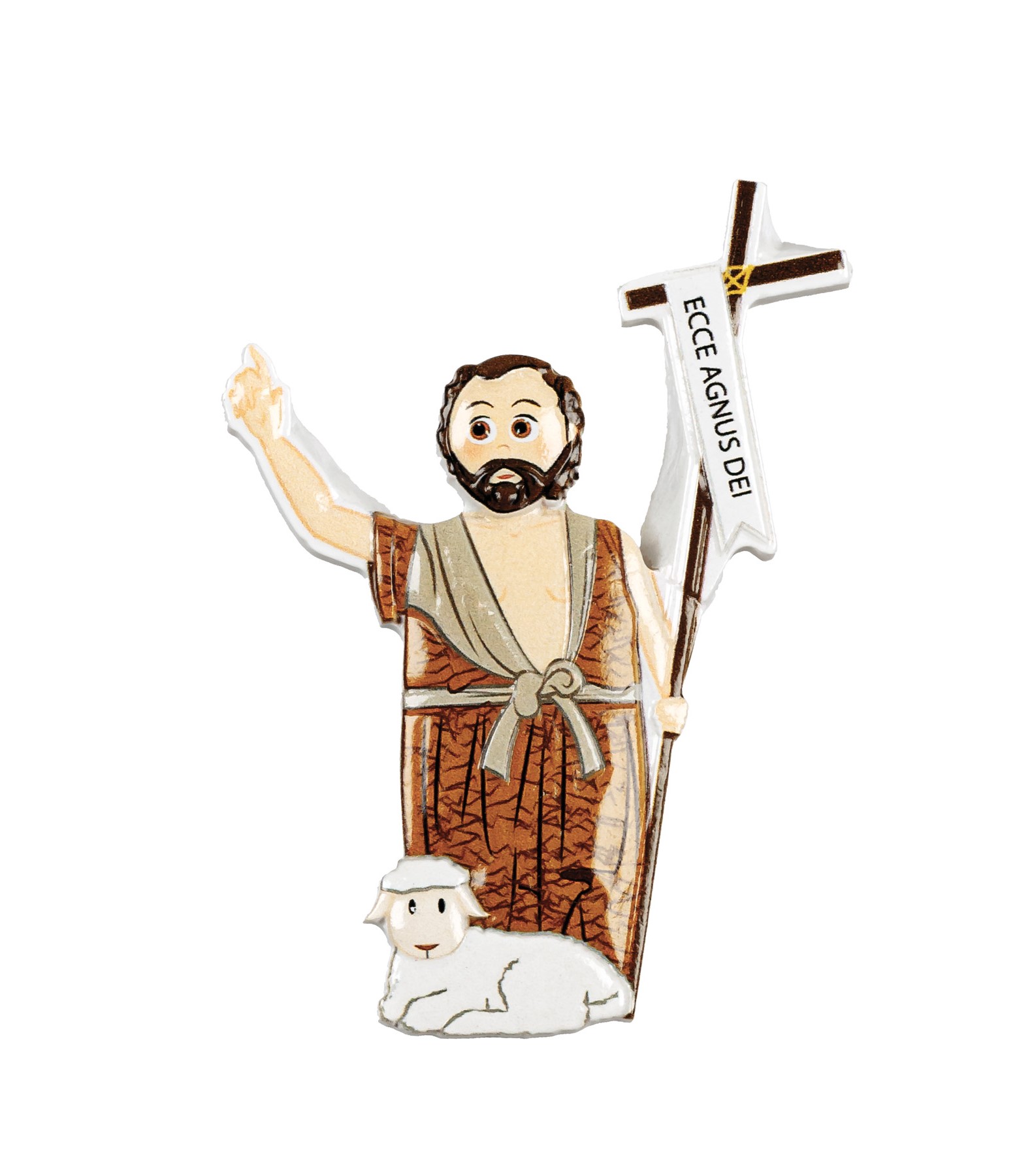 Íman figura religiosa com túnica castanha, cruz branca com texto ECCE AGNUS DEI e cordeiro branco