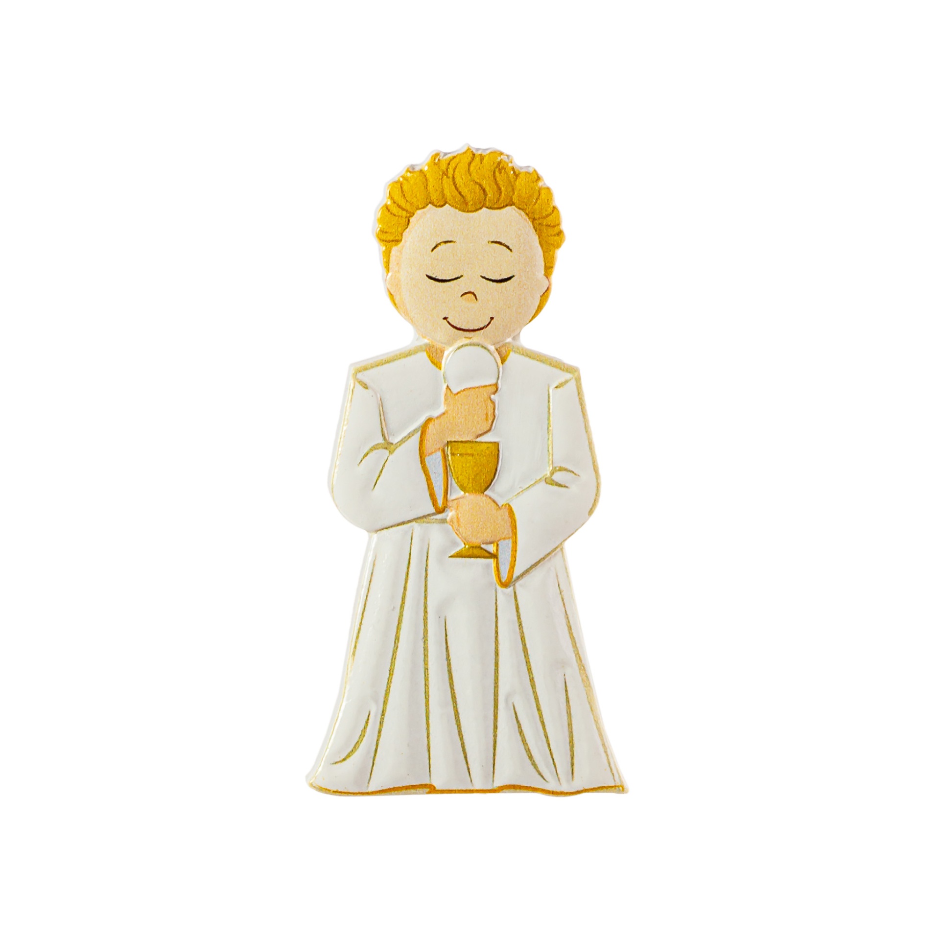 Figura decorativa de menino em túnica branca com cálice dourado e hóstia