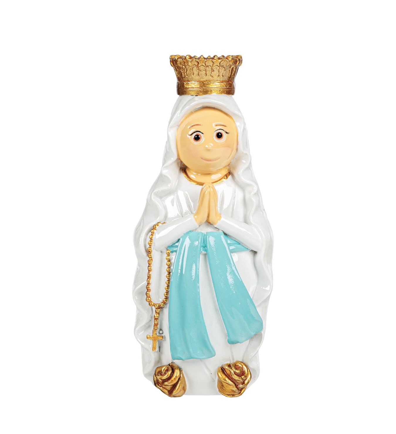 Estátua religiosa branca com manto azul e coroa dourada