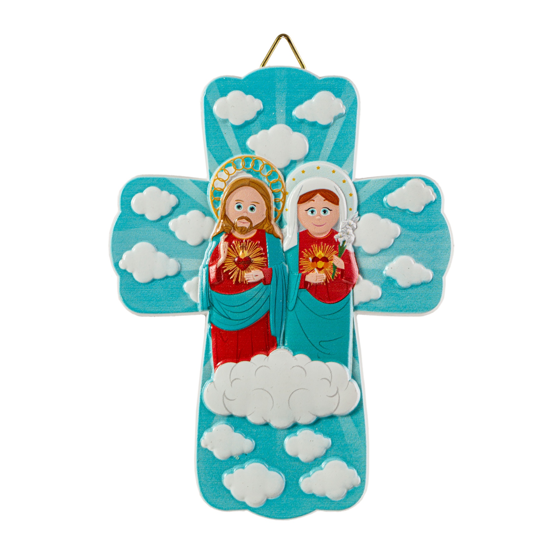 Cruz de tecido azul com figuras religiosas e nuvens brancas