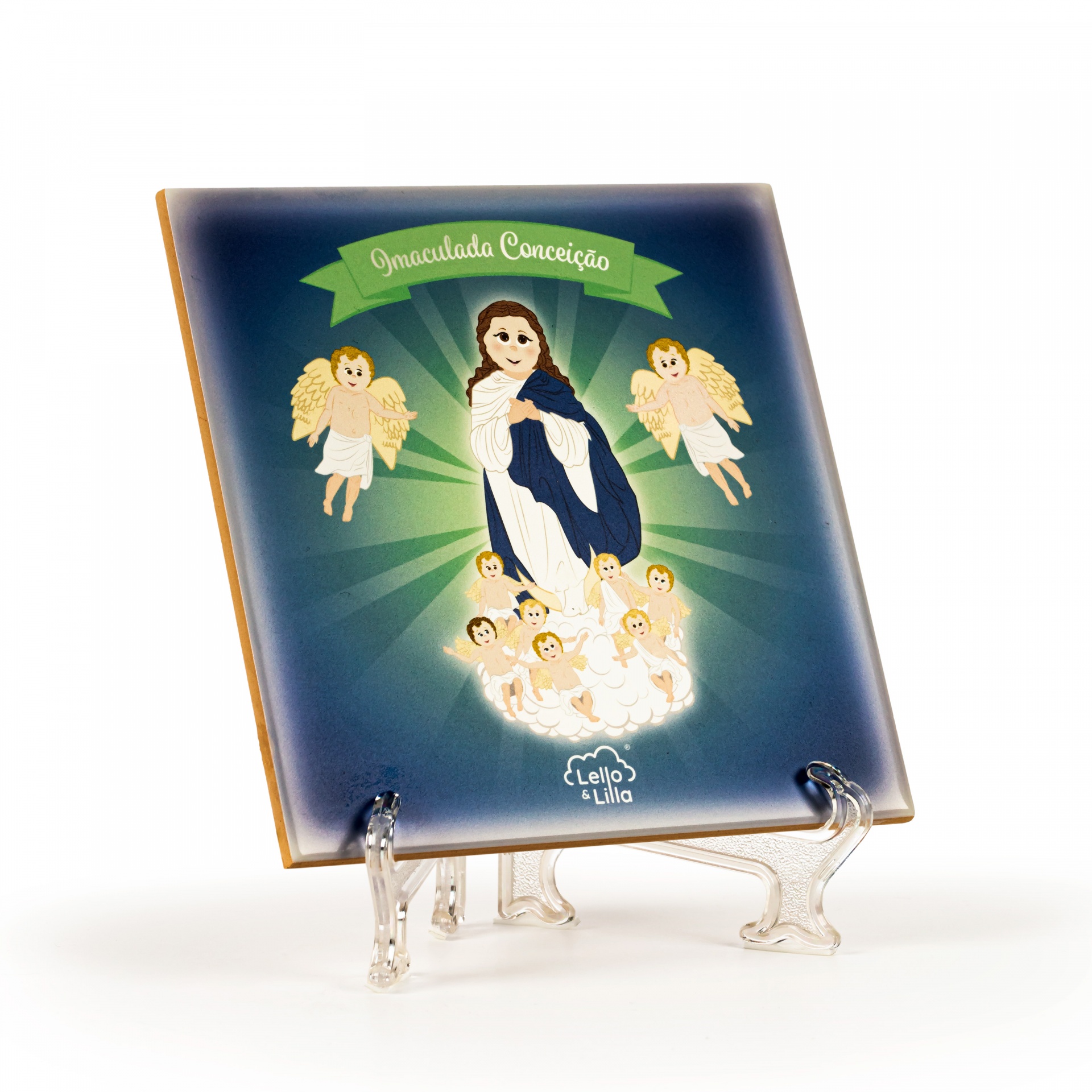 Azulejo quadrado Imaculada Conceição com anjos e texto verde em suporte transparente