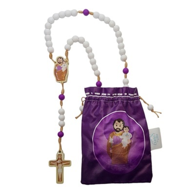 Rosário branco e roxo com saco roxo e imagem religiosa