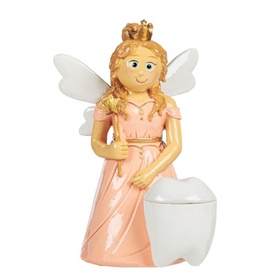 Figura de fada cor-de-rosa com asas e um grande dente branco ao lado