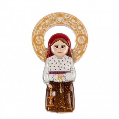 Figura religiosa de cerâmica com lenço vermelho e círculo dourado decorativo