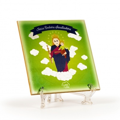 Azulejo decorativo com imagem de Nossa Senhora Auxiliadora e fundo verde