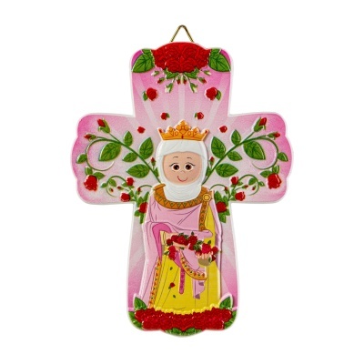 Cruz decorativa rosa com figura feminina e motivos florais