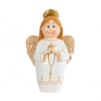 Estatueta de anjo cerâmica com vestido branco e detalhes dourados