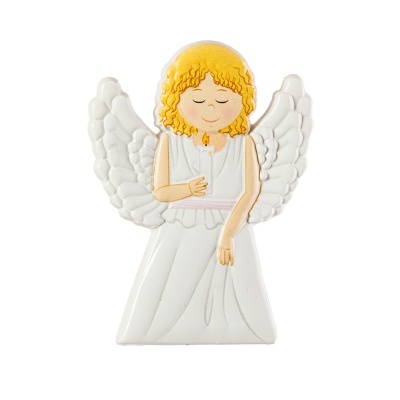 Estatueta de anjo branco com cabelo loiro e vela