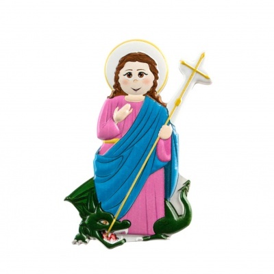 Figura colorida de santa com cetro e dragão verde aos pés