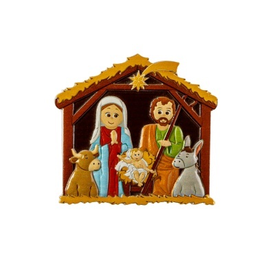 Presépio de Natal em madeira com figuras coloridas e estábulo