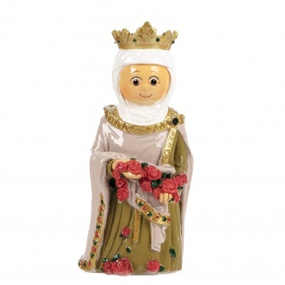 Estatueta cerâmica rainha com coroa dourada, vestes verdes e manto bege