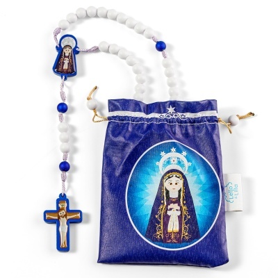 Colar religioso com crucifixo e saco roxo com imagem da Virgem Maria