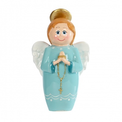 Estatueta de anjo em cerâmica com vestido azul e asas brancas