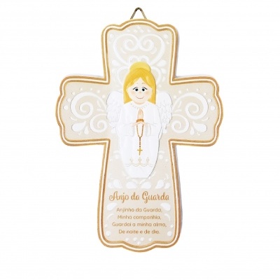Cruz decorativa com anjo esculpido e texto em dourado