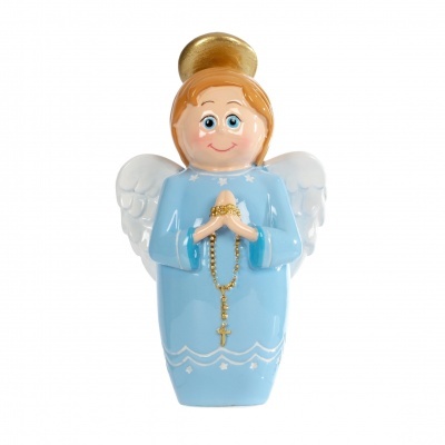 Figura em cerâmica de anjo azul com asas brancas e auréola dourada segurando terço