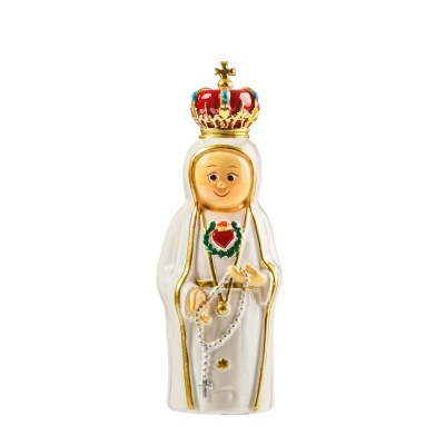 Figura religiosa decorativa com coroa vermelha e detalhes dourados
