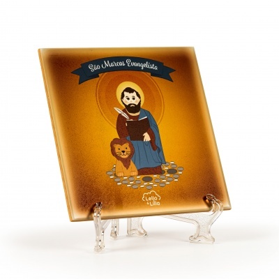 Placa decorativa de vidro com imagem de São Marcos Evangelista e leão