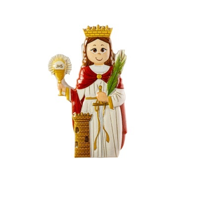 Figura decorativa de cerâmica com coroa, capa vermelha e cálice com inscrição JHS