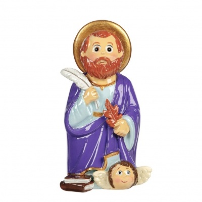 Estátua de santo com auréola dourada e anjo com asas