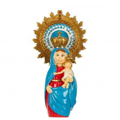 Estátua colorida de Nossa Senhora com Menino Jesus e coroas douradas