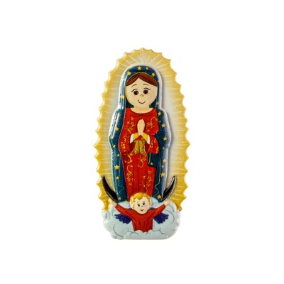 Figura decorativa Nossa Senhora de Guadalupe com anjo, cores azul, vermelho e dourado