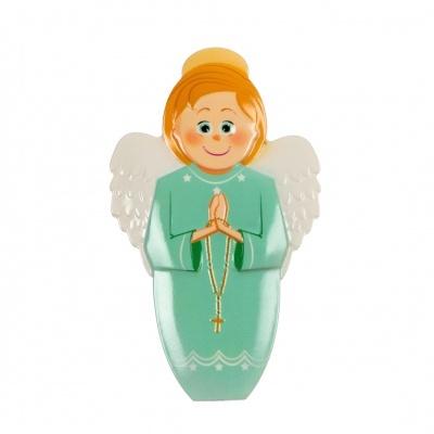 Anjo decorativo em madeira com vestido verde e asas brancas