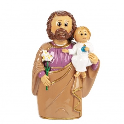 Estatueta religiosa de homem com criança e flores em cerâmica pintada