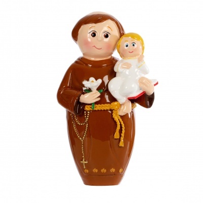 Estátua religiosa de frade com criança em cerâmica castanha e branca