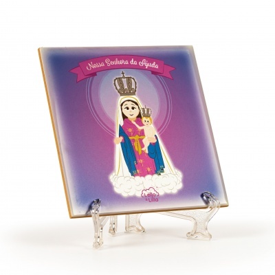 Azulejo quadrado decorativo com imagem colorida de Nossa Senhora da Ajuda em suporte transparente