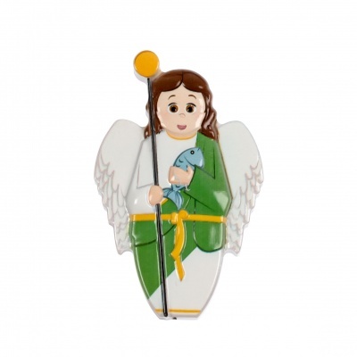 Figura de anjo verde e branca com peixe azul e vara amarela
