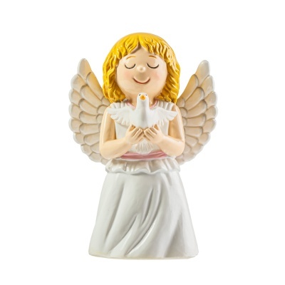 Estatueta de anjo em cerâmica segurando uma pomba branca