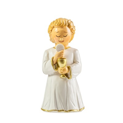 Figura decorativa de anjo branco e dourado com cálice e hóstia