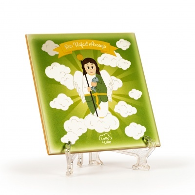Azulejo decorativo verde com anjo e nuvens, texto São Rafael Arcanjo