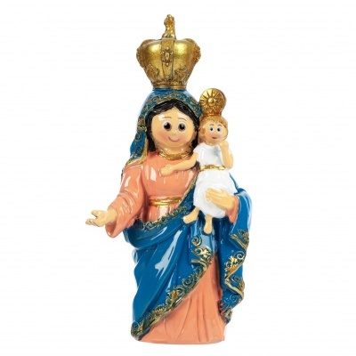 Estatueta cerâmica Virgem Maria com menino Jesus, vestes azul e cor-de-rosa