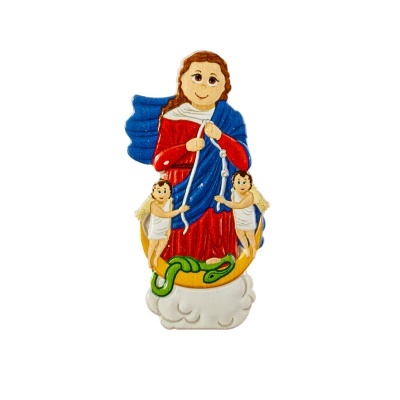 Figurinha decorativa colorida de mulher com anjos e serpente