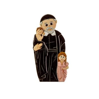 Figura religiosa pintada, homem de barba com duas crianças