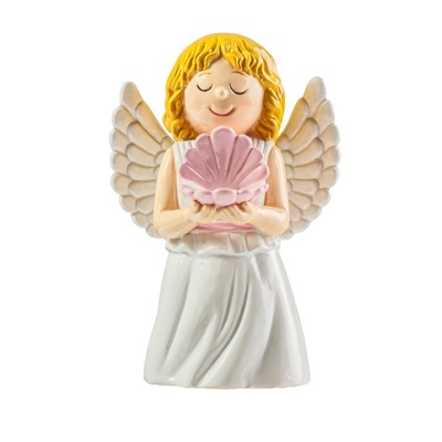 Estatueta de anjo com vestido branco e concha cor de rosa