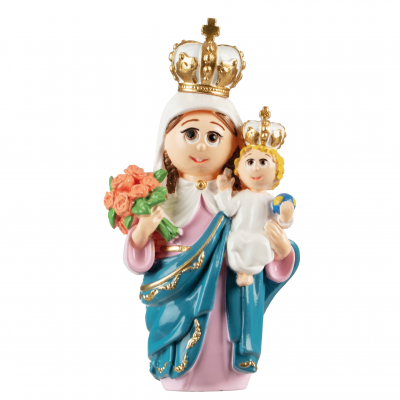 Estatua cerâmica de Nossa Senhora com Menino Jesus com coroas douradas e flores