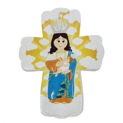Cruz decorativa com Nossa Senhora e criança em estilo desenhado, fundo com nuvens e raios amarelos