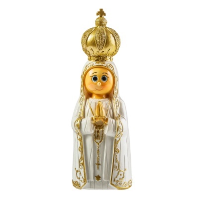 Estátua decorativa da Virgem Maria com coroa dourada e detalhes em dourado