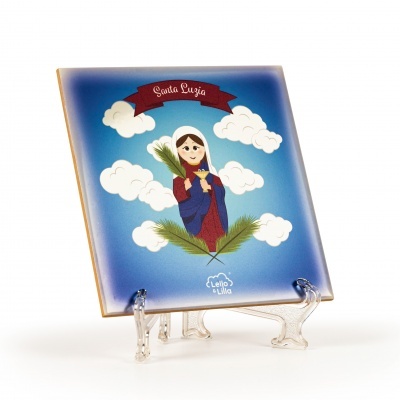 Azulejo decorativo com Santa Luzia em fundo azul e nuvens, em suporte transparente