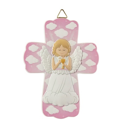Cruz decorativa rosa com anjo e nuvens brancas em relevo